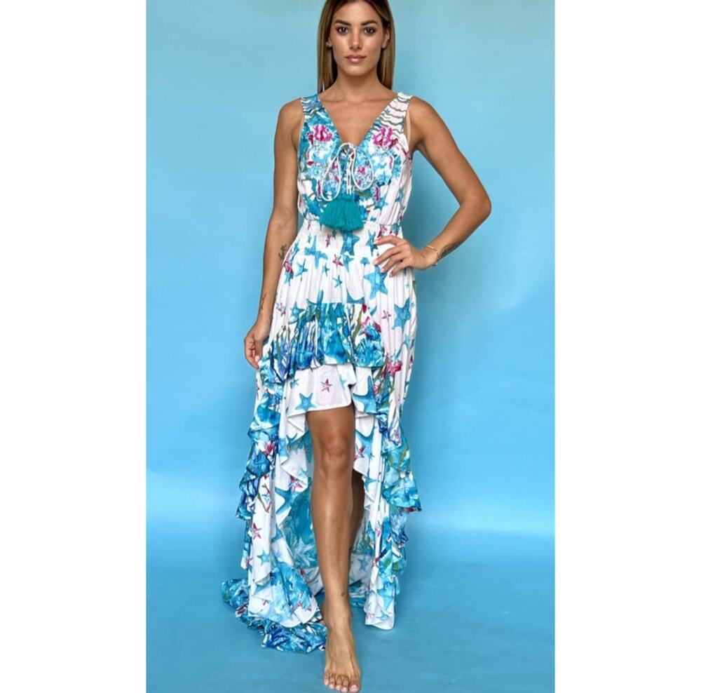 ANTICA SARTORIA Stella High Low Maxi Dress Beachy Boho O/S Starfish Ruffle Sexy